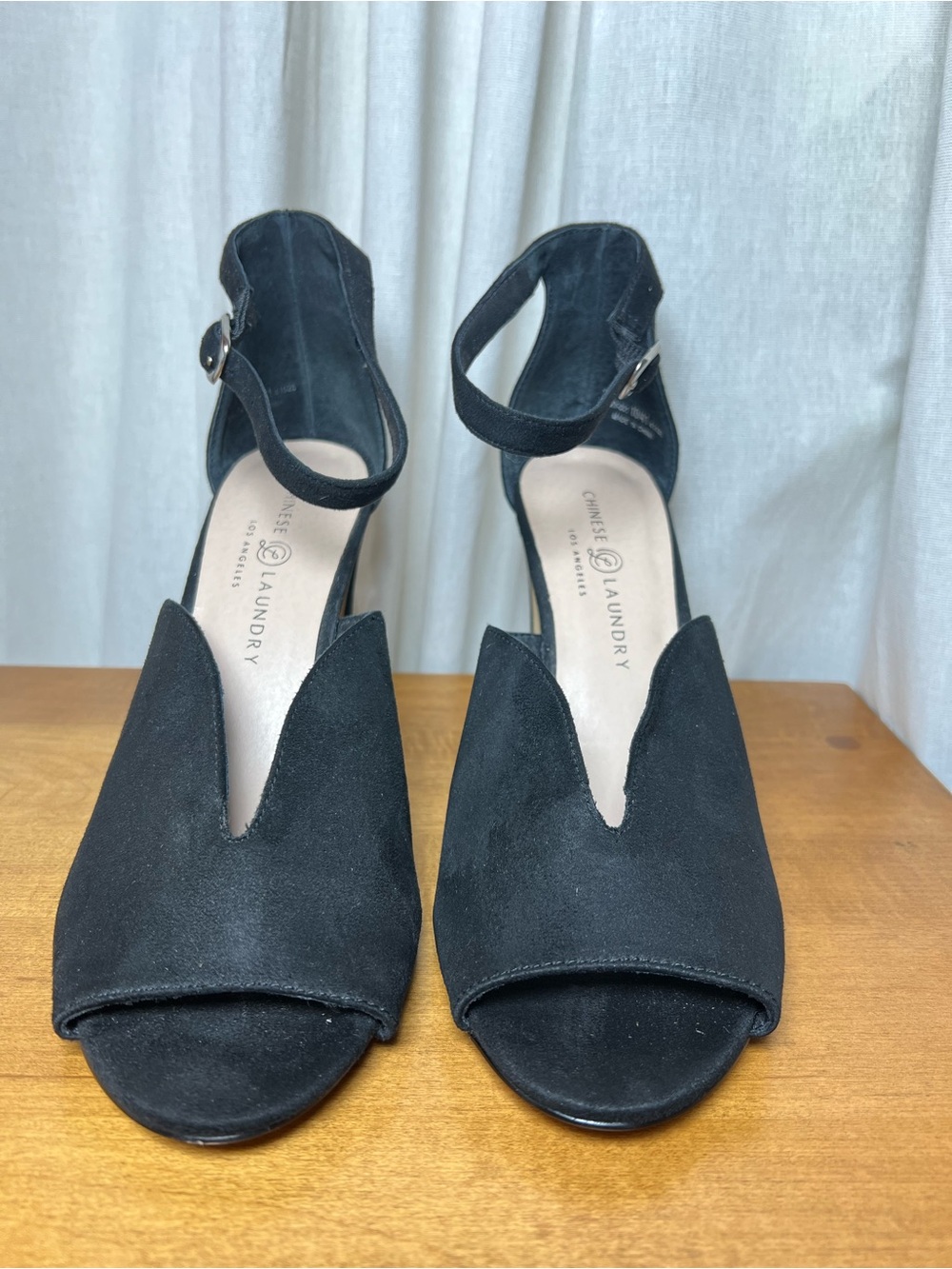 Chinese Laundry Black Suede Open-Toe Ankle Strap Heels